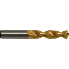 This CLEVELAND screw-machine length drill bit is made of TiN-coated cobalt with a fast spiral design, optimized for deep hole-drilling in production machining. The 135° split point aids in self-centering and reduces thrust. Suitable for use in steel, stainless steel, and cast iron.