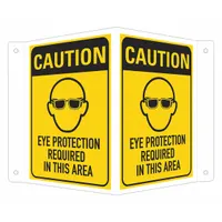 This V-shape projection caution sign indicates that eye protection is required in the area. Made of aluminum with a nominal size of 6 in x 4 in, it features mounting holes for installation. The sign is not retroreflective, does not glow in the dark, and has no anti-slip surface. Suitable for use in industrial facilities, machine shops, and laboratories to promote workplace safety