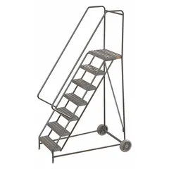 Assembled aluminum tilt-&-roll ladder with a 5.8 ft platform height. Features double handrails and a gray finish. No locking mechanism. Suitable for accessing elevated work areas in warehouses, maintenance facilities, and industrial environments.