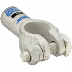 Straight-alignment battery terminal for 1/0 ga wire. Positive polarity, solder connection type. Copper contact with tin finish, black color code. Used in heavy-duty electrical systems for secure power distribution.