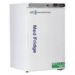 This undercounter lab refrigerator provides a temperature range of 1°C to 10°C for storing samples, reagents, and media. It features a white swing solid door with right opening, uses R-600a refrigerant, and includes a temperature alarm. Overall depth is 19 1/2 inches.