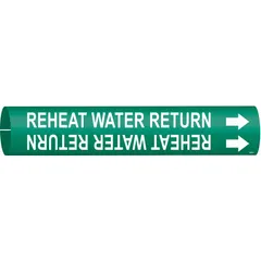 This snap-on pipe marker identifies reheat water supply lines in piping systems. It features a green background with white legend text and directional arrows. Designed for pipe outer diameters from 2-1/2 to 3-7/8 inches. Supplied as a single marker.