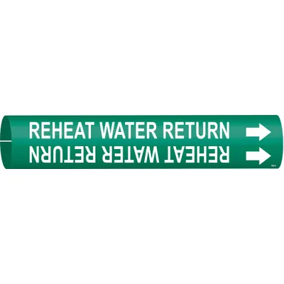 BRADY Pipe Marker: Reheat Water Supply, Green, White, Fits 2 1/2 to 3 7/8 in Pipe O.D. - Reheat Water Supply Snap-On Pipe Markers