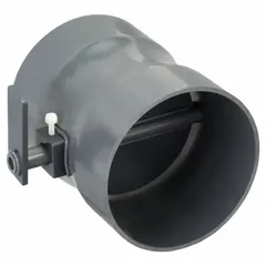 PVC butterfly damper designed for 6 in duct diameter. Inlet diameter of 6 5/8 in and overall length of 8 1/4 in. Used to regulate or isolate airflow in ductwork systems, particularly in industrial ventilation and fume extraction where corrosion resistance is required.