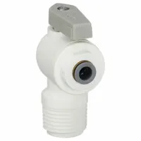 This LIQUIFIT ball valve is made of NSF 51 compliant polypropylene with a full port ball port. It features an angle body configuration and Push x MNPT connections, operated by a lever handle. Suitable for use in plumbing systems requiring flow direction change in confined spaces