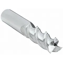 Carbide square end mill designed for milling aluminum and non-ferrous materials. Features 3 flutes for efficient chip evacuation and reduced heat buildup. Square tip enables flat-bottomed slots, pockets, and contours. Mill diameter 3/8", length of cut 1-1/8", overall length 2-1/2".