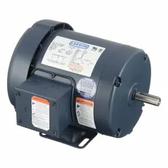 This LEESON general purpose AC motor features a rigid base mount and a totally enclosed fan-cooled (TEFC) enclosure. It is a 3-phase motor rated at 1/3 hp, 575V AC, 0.64 A full load current, and 1140 RPM at 60 Hz. Suitable for industrial applications such as fans, pumps, and conveyors.