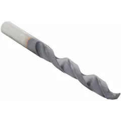 This solid carbide jobber-length drill bit features an AlTiN coating for enhanced wear resistance. The 118° 4-facet point reduces thrust and improves hole accuracy. Suitable for general-purpose drilling in hardened steels, stainless steels, and cast irons. Used in production machining and toolroom applications.