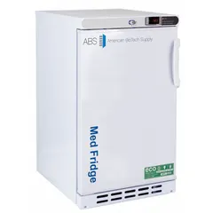 Undercounter lab refrigerator with 2.5 cu ft capacity, maintaining 2°C to 7°C. White finish, left-opening swing solid door, temperature alarm, R-600a refrigerant. Overall depth 22 3/4 in. Suitable for storage of temperature-sensitive materials in clinical, research, or pharmacy settings.