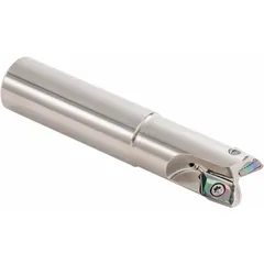 This indexable square-shoulder end mill features a 90-degree cutting edge and long length shank for extended reach in deep cavities. It is designed for square-shoulder milling, slotting, and profiling operations on steel, stainless steel, and cast iron. The tool accepts replaceable carbide inserts for cost-effective machining.