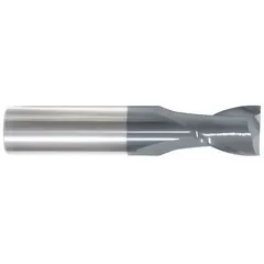 Carbide square end mill with AlTiN coating for wear resistance and heat protection. Two-flute design with 1/2" cutting diameter, 5/8" length of cut, and 2-1/2" overall length. Suitable for general-purpose milling, slotting, and profiling in ferrous and non-ferrous materials.