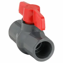 PVC straight ball valve with 1-inch socket x socket connections and full port design. Tee handle for manual two-way on/off flow control. Suitable for water and corrosive fluid handling in industrial piping systems where corrosion resistance is needed.