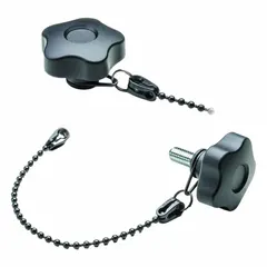 Tethered 5-arm knob with M8 threaded stud and 200 mm nominal tether length. Body in black POM-based technopolymer with steel thread insert. Used for manual clamping and adjustment on industrial equipment where tool retention prevents loss.