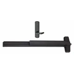 Rim-type exit device with touchbar style for doors up to 3 ft wide. Bronze finish. Includes dummy pull outside trim. ADA compliant.