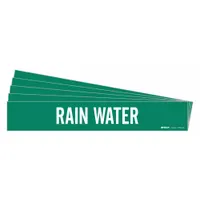 Green adhesive pipe marker with white legend text reading 'Rain Water', designed for pipes with outer diameter of 8 inches and larger. Sold in a 5-pack, this marker does not include directional arrows. Used to identify pipe contents in facility piping systems