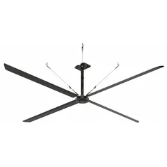 Industrial HVLS ceiling fan with 16 ft blade diameter, delivering high-volume, low-speed airflow for large spaces. Operates on 480V AC three-phase power at 3 A, with variable speed control. Suitable for improving air circulation in warehouses, factories, and distribution centers.