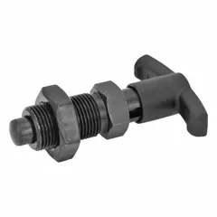 Steel body and plunger locking T-handle indexing plunger with jam nut. Thread size M16x1.5. Spring force range 9.5 N to 38 N. Used for precise positioning and locking of moving parts in jigs, fixtures, and indexing tables; T-handle allows manual retraction and locking holds plunger in retracted position.