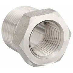 This rigid straight steel adapter connects a 1/4 in female NPTF thread to a 1 in male NPTF thread. It is used in hydraulic systems, fluid power lines, and lubrication circuits where leak-resistant NPTF connections are required.