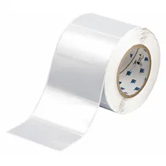 Precut label roll measuring 4 13/64 in x 2 in, made of metalized polyester with metal-detectable properties. Compatible with Brady i5100 printer series. Used for labeling in environments where metal contamination detection is required.