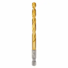 This 1/4" hex shank drill bit is impact rated for use with impact drivers. The TiN-coated high-speed steel construction and 135° split point reduce walking and improve cutting action. Suitable for drilling in metal, wood, and plastic in industrial and construction applications.