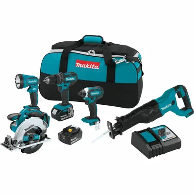 MAKITA Cordless Tool Combination Kit: 5 Tools, 18 V DC Volt, Battery Included - Makita 18V Cordless Tool Combination Kits