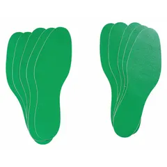 This vinyl floor marking tape is shaped like a footprint and features a solid green color with no legend. It measures 3 3/4 inches by 11 7/8 inches and is supplied in a pack of 10. Commonly used in industrial settings to designate walking paths, work zones, or restricted areas, it provides a visual cue for safety and organization.