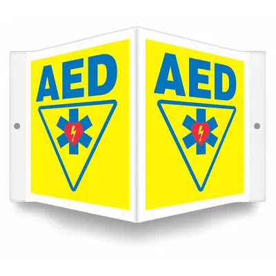 CONDOR Safety Sign: PETG, Mounting Holes Sign Mounting, 6 in x 8 1/2 in Nominal Sign Size - V-Shape Projection AED Signs