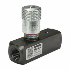 Manual two-way flow control valve with rotary knob adjustment. Steel construction with #6 SAE O-Ring Boss connections on both ports. Maximum flow rate 8 gpm. Used to regulate hydraulic fluid flow in industrial machinery and mobile equipment.