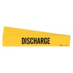 Yellow adhesive pipe marker with black legend reading 'Discharge' for identifying discharge piping. Fits pipe outer diameters of 8 inches and larger. Pack of 5 markers without arrows. Suitable for industrial piping systems requiring clear content identification.