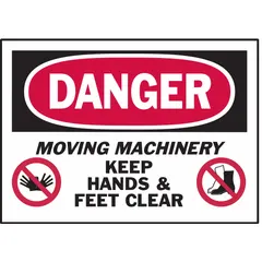Polyester adhesive signs, 3 1/2 in x 5 in, 0.01 in thick, non-retroreflective, non-glow-in-the-dark. Sold in packs of 5. Applied to equipment or surfaces to warn personnel of moving machinery hazards in industrial environments.