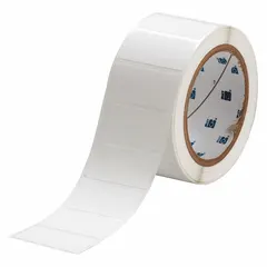 Polyester label roll with permanent adhesive, measuring 2 13/64 in x 1 in. Designed for use with IP Series printers. Suitable for industrial labeling applications such as asset tracking, cable marking, and facility identification.