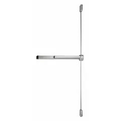 Aluminum surface vertical rod exit device with touchbar for doors up to 4 ft wide. Provides push-pad actuation for egress in commercial applications. Suitable for use on single doors requiring vertical rod latching.