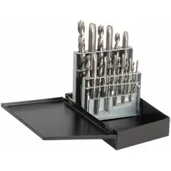 This 18-piece set combines spiral-point taps with drill bits ranging from 5/16" to 27/64". The spiral-point tap design facilitates chip evacuation during through-hole threading. Suitable for drilling and threading holes in metal, plastic, and wood, it is commonly used in maintenance, fabrication, and repair tasks.