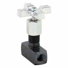 Manual two-way precision needle flow control valve with rotary knob. Steel construction. 3/8 in NPT connections. Maximum pressure 5000 psi. Used for precise flow regulation in hydraulic and industrial systems.