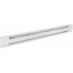 Residential-grade electric baseboard heater with conventional white housing. Operates at 208/240V AC and provides 940W or 1250W of heat output. Thermostat not included; requires separate line-voltage thermostat for temperature control. Suitable for supplemental or primary heating in homes and light-commercial spaces.