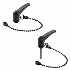 This tethered teardrop-style handle features a threaded hole for mounting and a 200 mm nominal tether made of black POM-based technopolymer. The handle body is dark gray plastic with a 63 mm length. It is used for manual adjustment and positioning on machinery, panels, and equipment where the handle must remain attached to prevent loss.