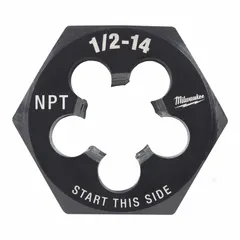 This hex pipe rethreading die is made from black oxide carbon steel with a hex width of 2 11/64 inches. It is designed for rethreading damaged or dirty 1/2"-14 NPT pipe threads, commonly used in plumbing, HVAC, and industrial maintenance to restore threads without cutting new ones.
