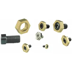 Brass hex-edge fixture clamp with smooth face and M4 bolt, supplied in a 10-pack. Designed for securing workpieces during machining operations such as milling, drilling, and grinding. Brass construction helps prevent marring of the workpiece surface.