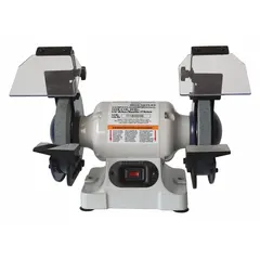 This fixed-speed bench grinder is powered by a 1/3 hp motor operating at 3450 RPM and 120V AC. It accommodates a maximum wheel diameter of 6 inches, suitable for sharpening, deburring, and shaping metal parts in maintenance and fabrication settings.