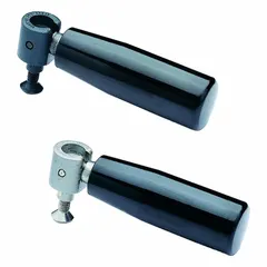 This fold-away gear handle from ELESA features a black phenolic knob with an M6 threaded hole and 72 mm overall length. It is designed for manual clamping and positioning on machinery, providing a compact grip for industrial equipment.