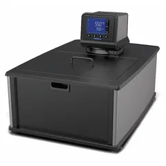 Heated circulator with LCD display, 11 lpm flow rate, and temperature accuracy tolerance of +/-0.04°C. Minimum temperature setting of -6.7 °C. Overall depth 26 1/2 inches. Used for precise temperature control in laboratory and industrial processes, such as maintaining sample temperatures in baths or jacketed reactors.