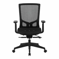 This adjustable-arm office chair features a black mesh/plastic material and a 20-inch back height. It is designed for use in office environments where ergonomic seating and user comfort are required. The adjustable arms allow for personalized positioning during desk tasks