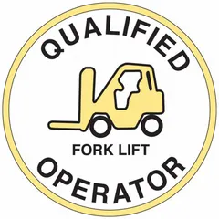 2-inch diameter hard hat label for identifying qualified forklift operators. English text, non-reflective standard finish. Supplied as a 4-pack with 4 labels.