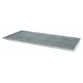 Steel sump-insert pallet rack decking with zinc-plated finish and blue color. 11-gauge decking edge and sump design for spill containment. Load capacity 6,900 lb. Used in industrial facilities to contain leaks and drips from stored drums or containers.