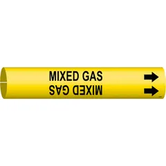 Yellow snap-on pipe marker with black legend reading 'Mixed Gas' and directional arrows. Fits pipe outer diameters from 1-1/2 to 2-3/8 inches. Supplied as a single marker for identifying mixed gas lines in industrial piping systems.