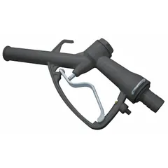 Manual nozzle for dispensing fluids from drums. Body constructed from aluminum, Buna-N, polypropylene, and stainless steel. Features a 3/4 in hose barb spout connection. Suitable for transferring lubricants, solvents, or coolants in industrial settings.