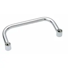 This push handle is designed for use with Super Erecta Shelving systems. It is constructed of steel with a chrome finish and measures 21 inches by 7 inches by 1.5 inches. The handle provides a grip point for moving loaded shelving units in commercial and industrial storage environments.