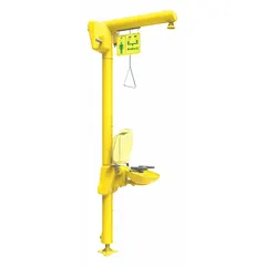 This freeze-resistant heat-trace floor-mount shower with eyewash is constructed with a covered plastic bowl and galvanized steel pipe. It operates on 120 V AC and requires hardwired electrical connection. Suitable for emergency decontamination in industrial settings where freezing conditions may occur.