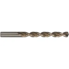 CLEVELAND C16529 is a #27 cobalt jobber-length drill bit with a 0.1440 inch diameter, featuring a 135° split point and straw/bronze finish. The fast spiral flute design facilitates chip evacuation in deep hole-drilling applications. Suitable for use in machining and metalworking where drilling into hard materials is required.