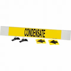 Yellow fiberglass pipe marker with black legend reading 'Condensate' and directional arrows. Carrier-mounted with strapping for pipes 8 inches and larger outer diameter. Used to identify condensate lines in piping systems.